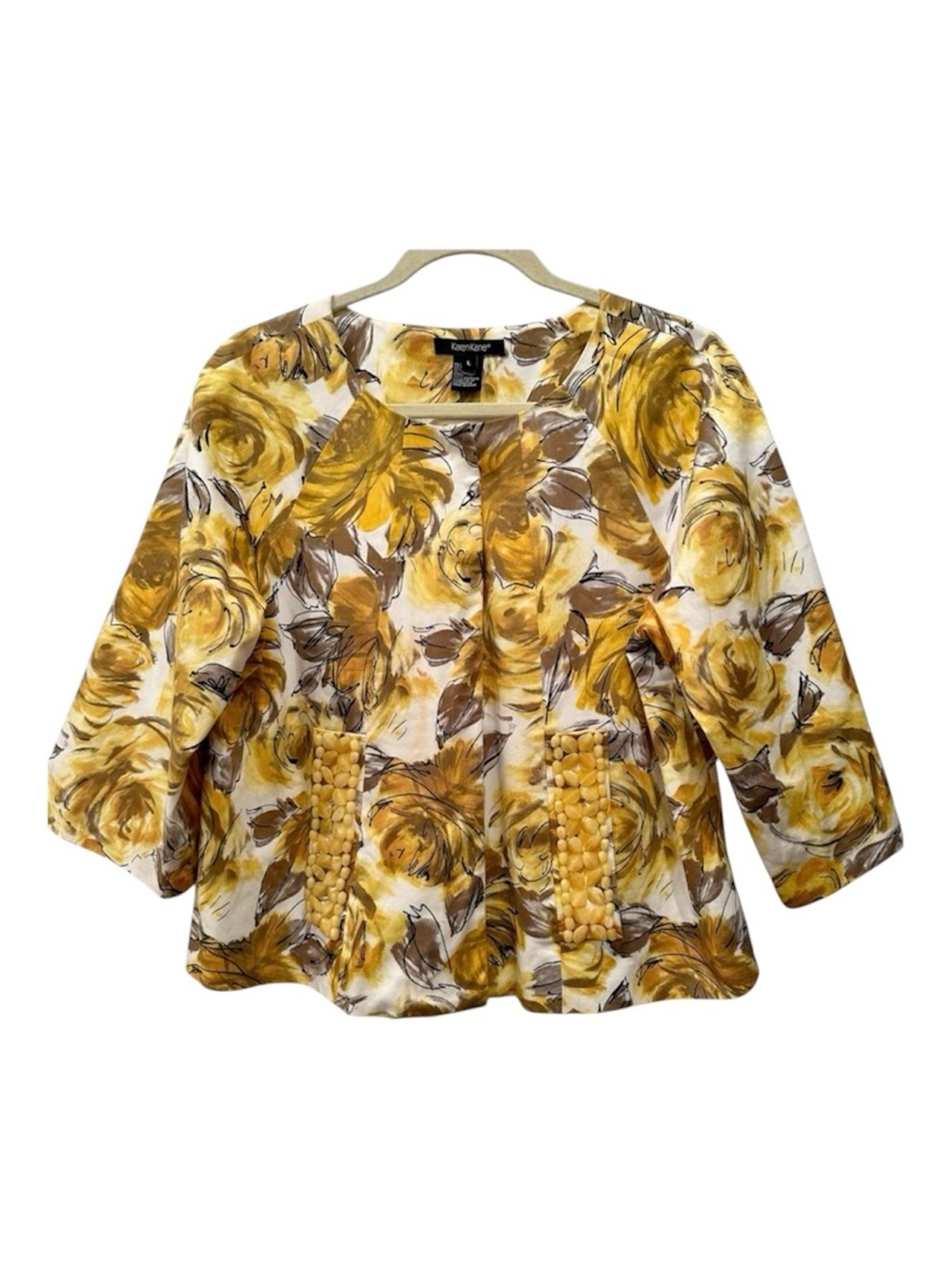 Karen Kane Yellow Floral Beaded Pocket Peplum Jacket Blazer Pockets Sz L